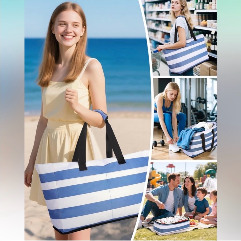 Striped Blue & White Swim/Beach Bag with Detachable Cooler NWOT - Picture 6 of 6